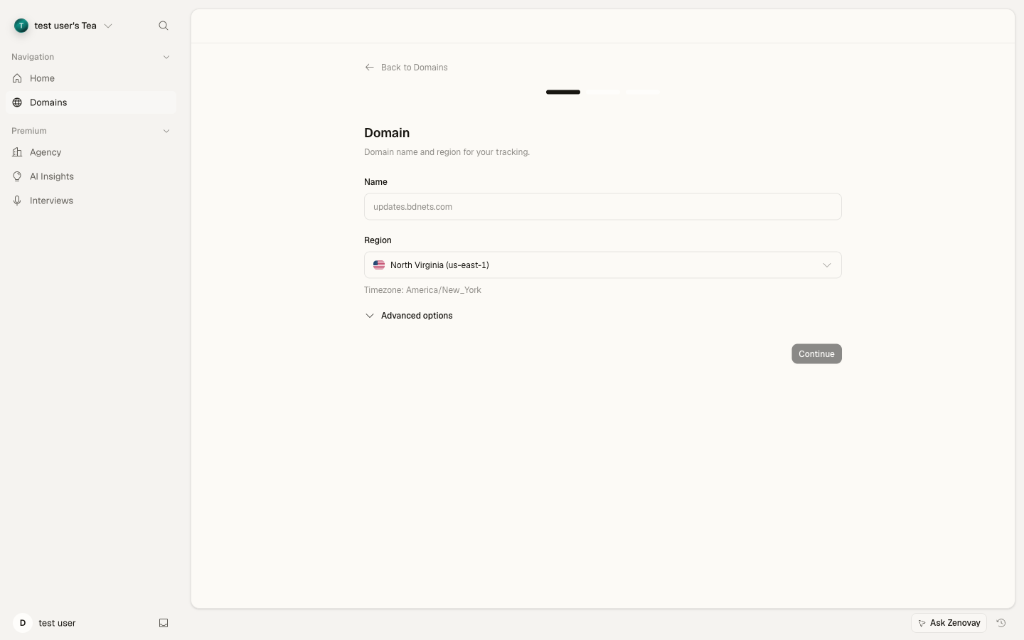 The Add-website screen in Zenovay with a field for entering a new domain name