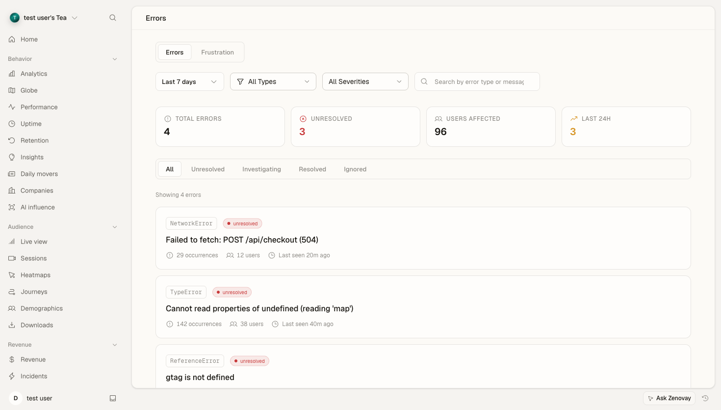 Zenovay Errors dashboard listing grouped errors with occurrence counts, affected users, and status.