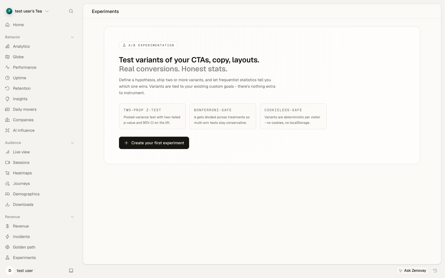 The Experiments tab in Zenovay showing a list of A/B experiments, each with its variant count and a status badge.