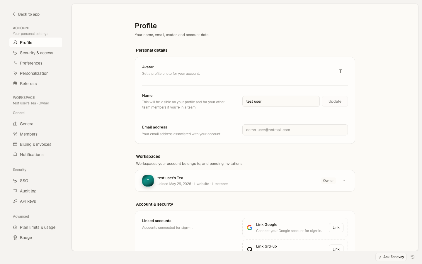 Zenovay Settings → Account page showing personal details: display name field, read-only email address, profile avatar, and language selector.