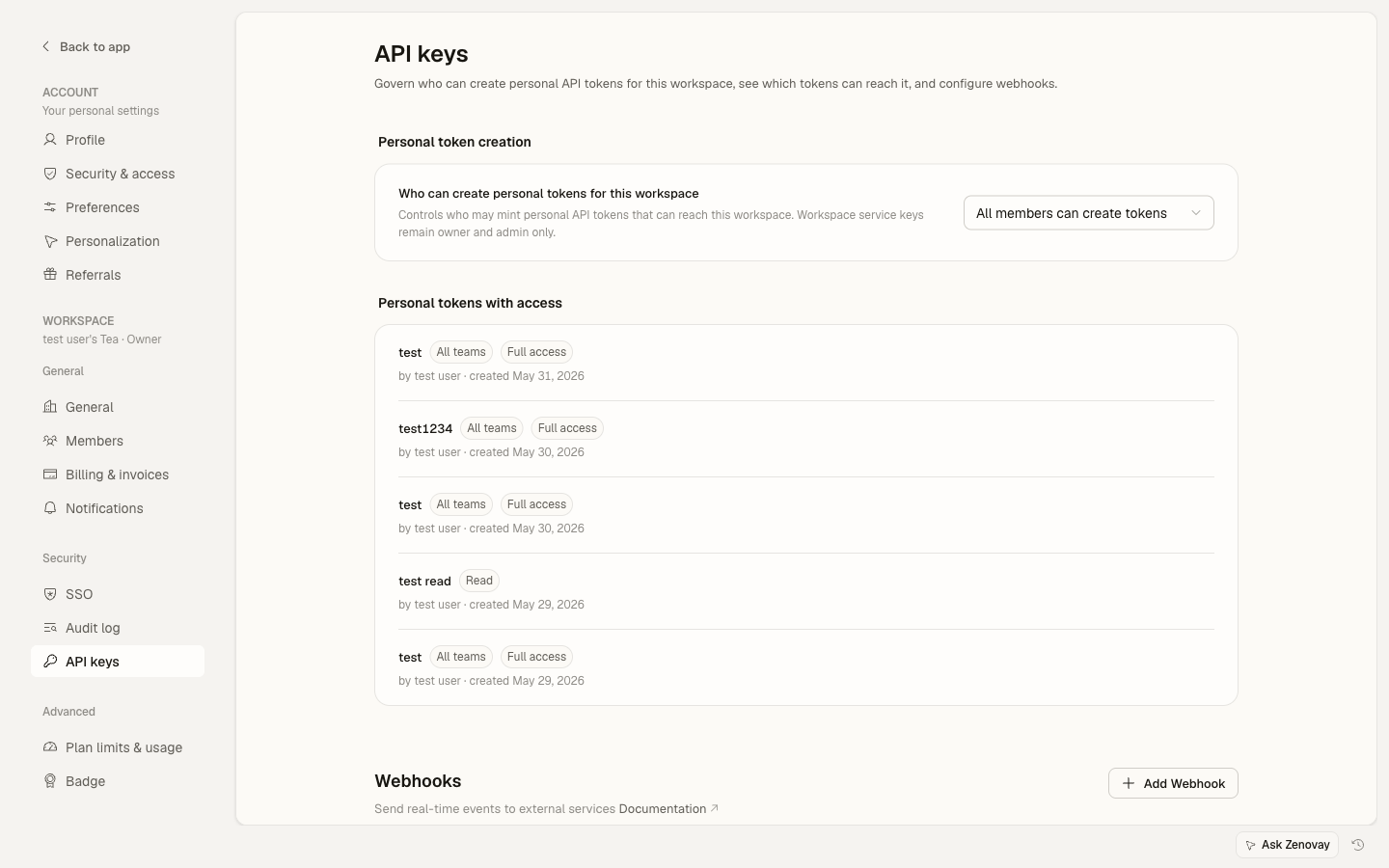 Settings → Account → Security & access page showing the Personal API keys card with existing keys and a New API key button