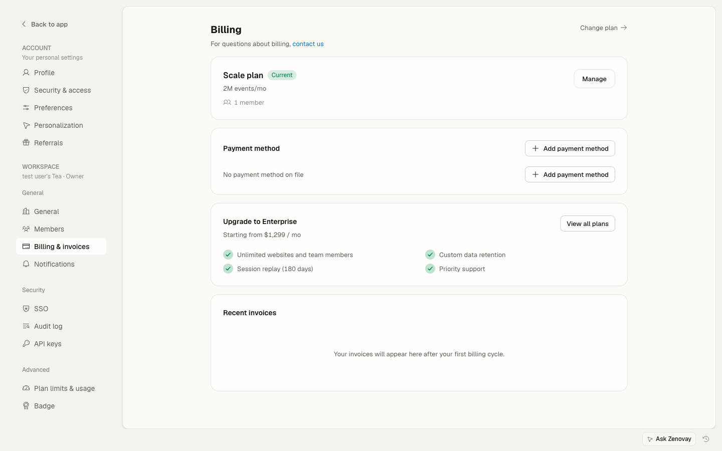 Zenovay Settings → Billing page showing the current plan summary, saved payment method, and invoice list.