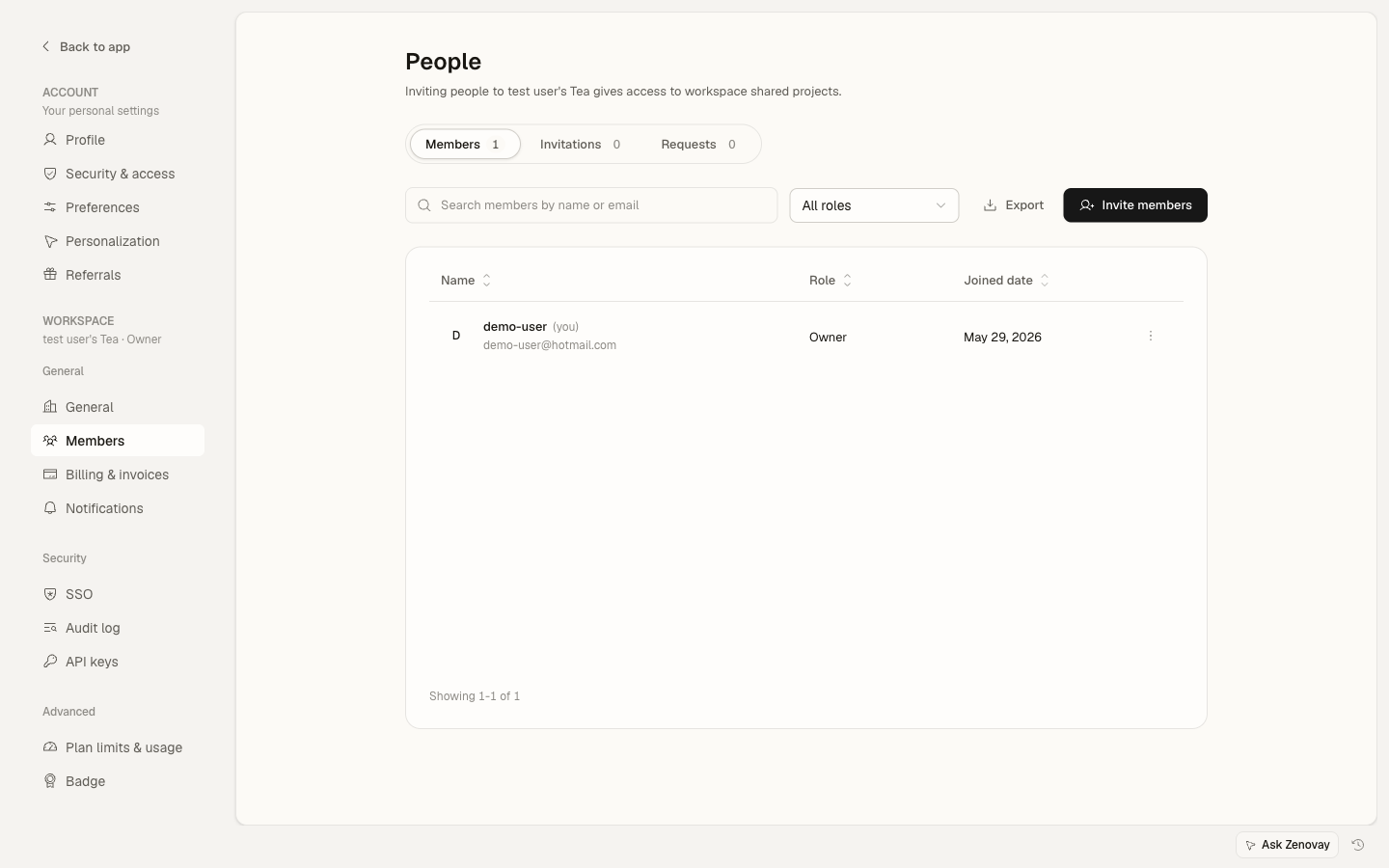 Settings Team Members page listing each member with their email and role, plus an Invite Members button