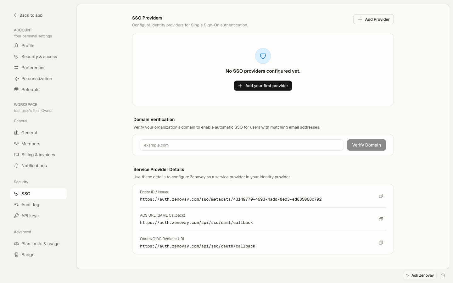 Zenovay Settings, Security, SSO page showing the SSO provider, domain verification, and the provider menu where SSO enforcement is turned on