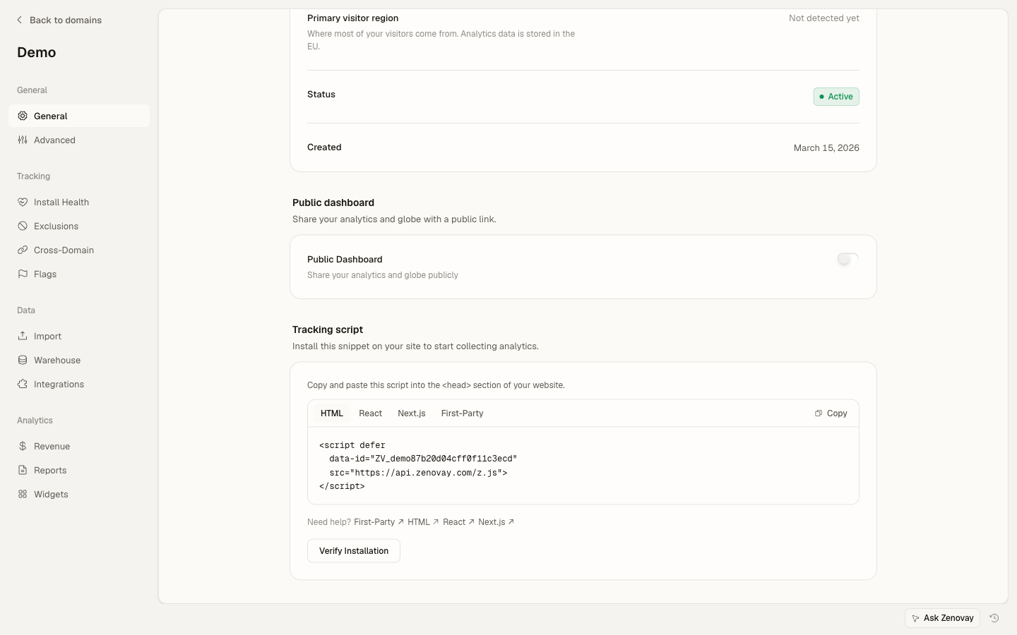 The Tracking Script card in a website's settings, showing HTML, React, Next.js, and First-Party install tabs with a copyable script snippet and an install-verification button.